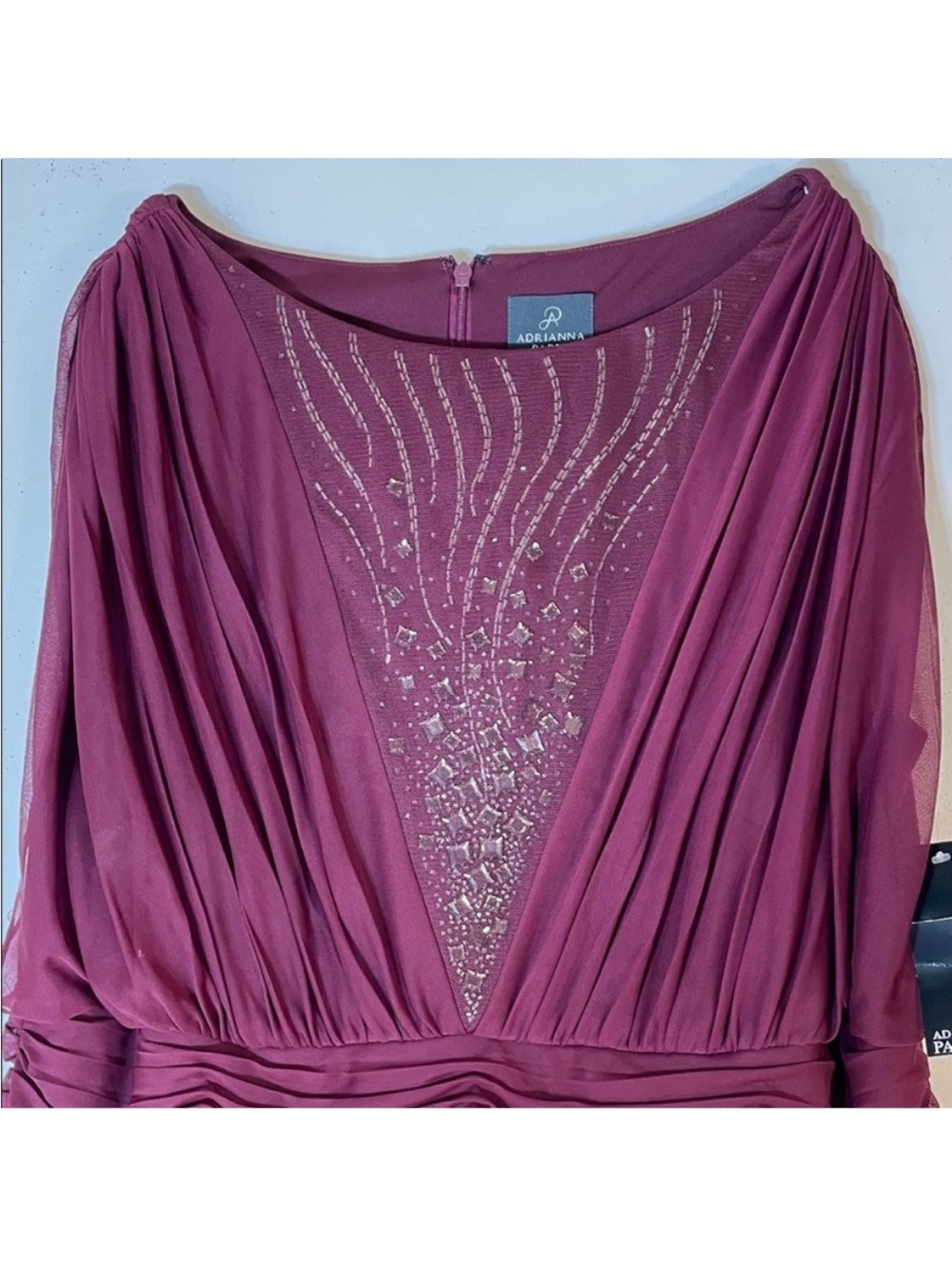 Adrianna Papell Burgundy Beaded Ruched Shirred Cocktail Dress. 20W. NWT. - Picture 6 of 12